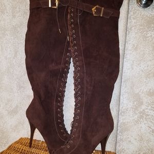 Brown suede thigh high heeled boots